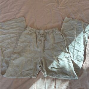 H&M Neutral Beige Drawstring Linen-Blend Pants